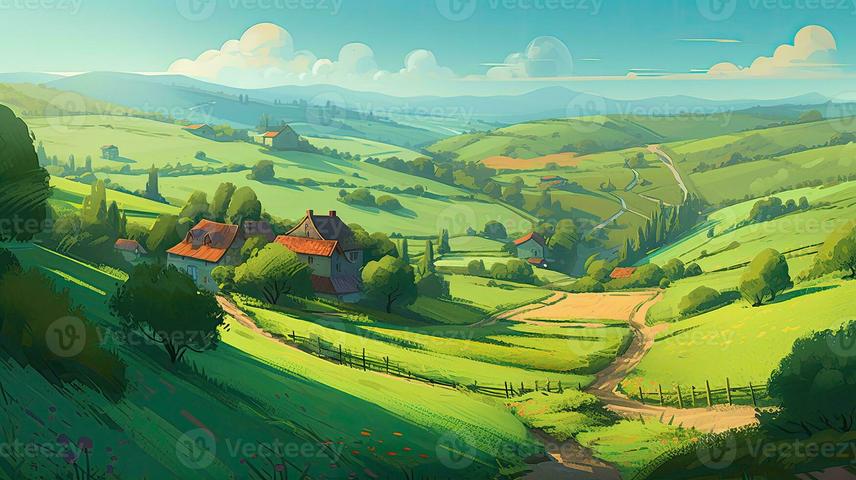 Calming cute rural landscape with fields, pastures and winding roads in a cartoon style. Generative Ai. photo