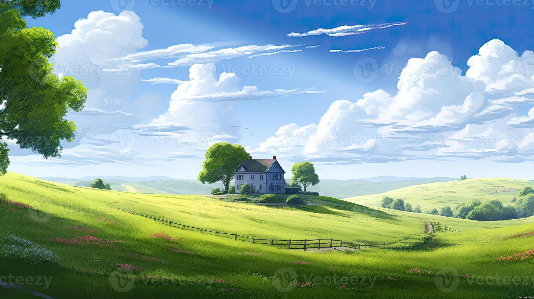 Calming cute rural landscape with fields, pastures and winding roads in a cartoon style. Generative Ai. photo