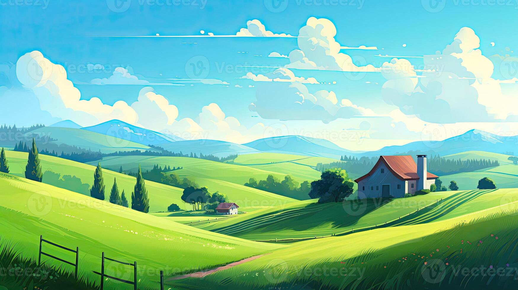 Calming cute rural landscape with fields, pastures and winding roads in a cartoon style. . photo