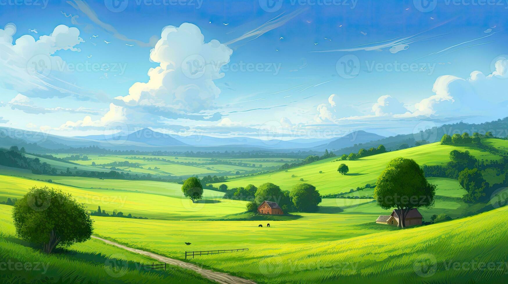 Calming cute rural landscape with fields, pastures and winding roads in a cartoon style. Generative Ai. photo
