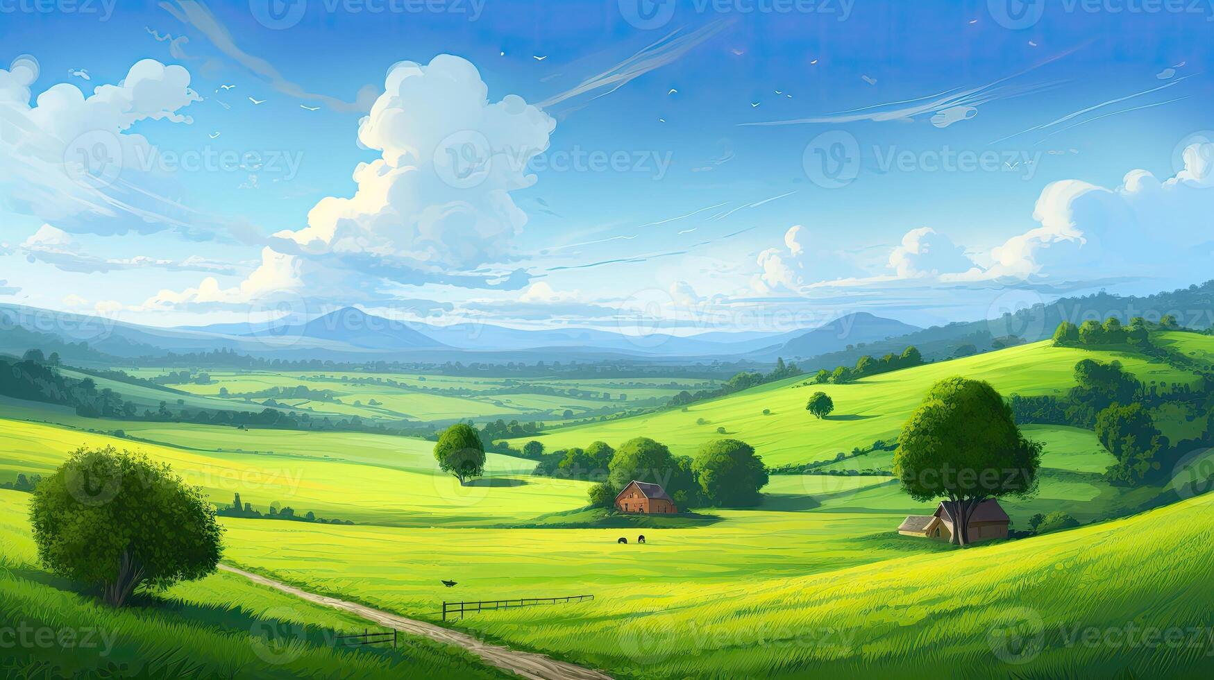 Calming cute rural landscape with fields, pastures and winding roads in a cartoon style. . photo