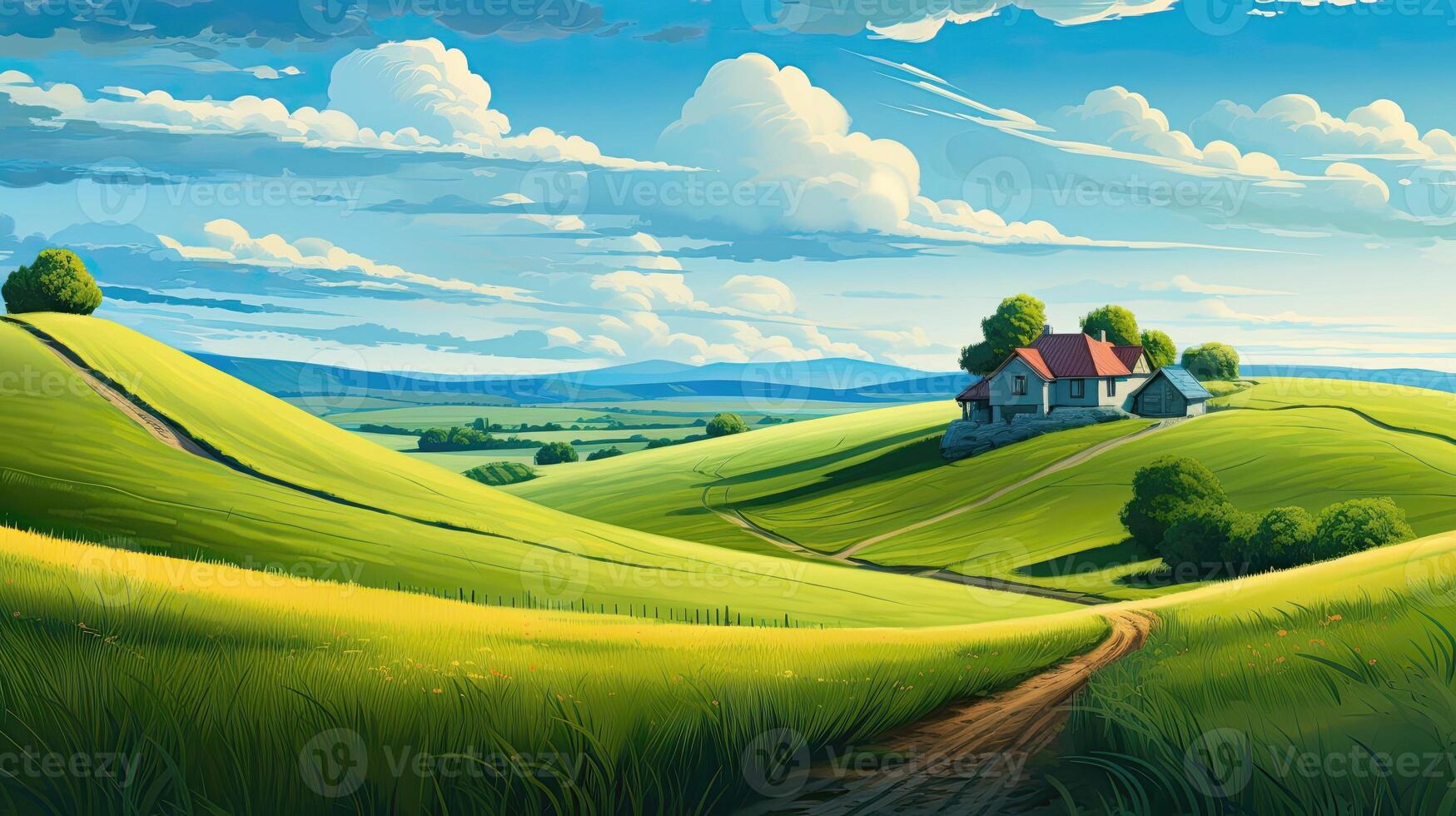 Calming cute rural landscape with fields, pastures and winding roads in a cartoon style. . photo