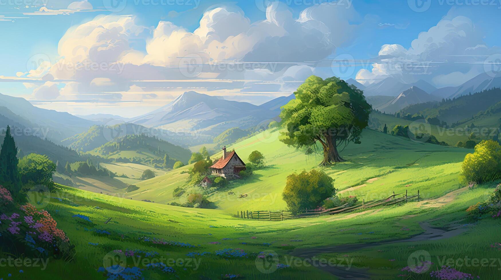 Calming cute rural landscape with fields, pastures and winding roads in a cartoon style. . photo