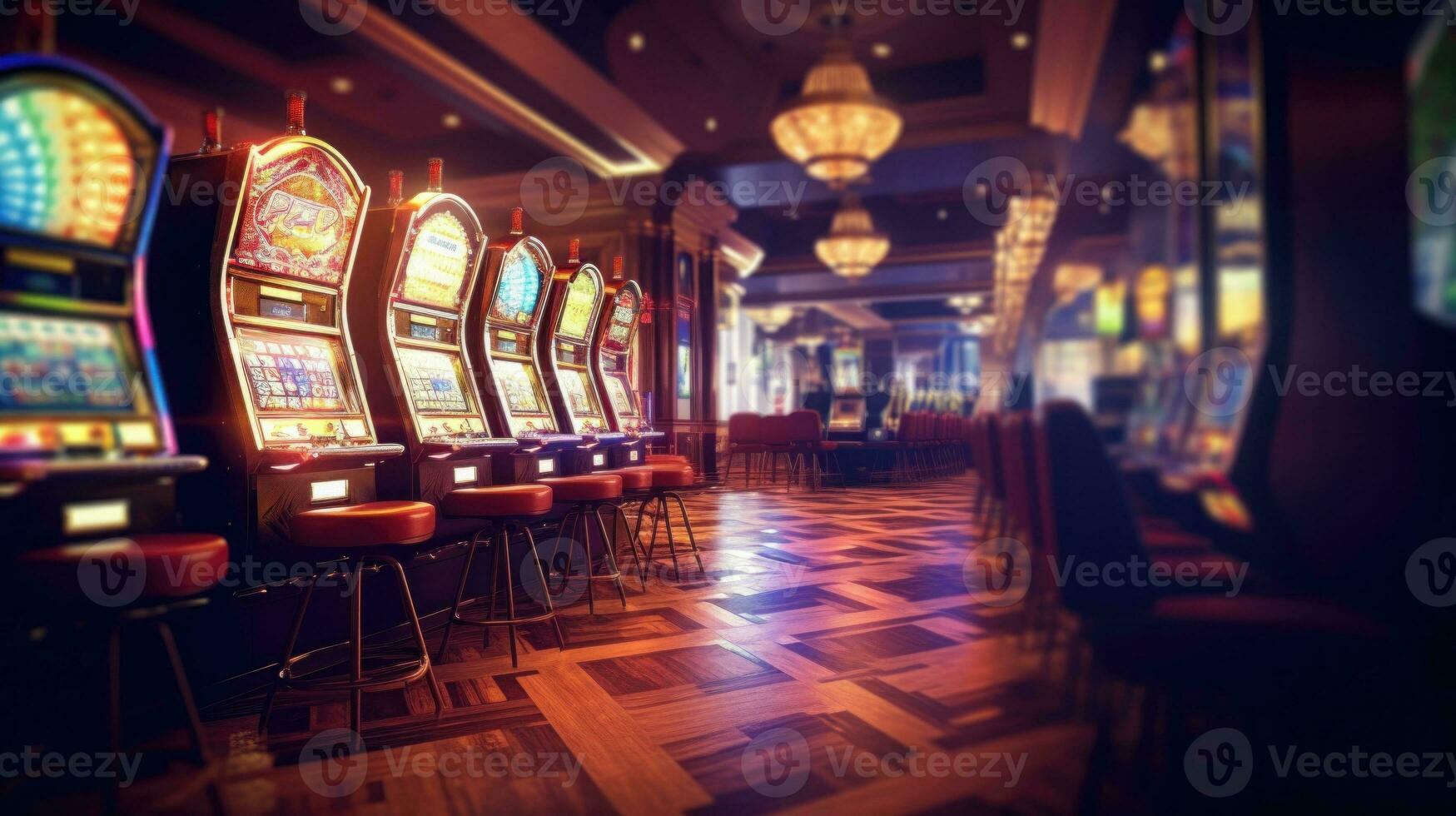 Retro styled casino interior with casino slot machines adorned with mesmerizing neon lights. Generative ai. photo