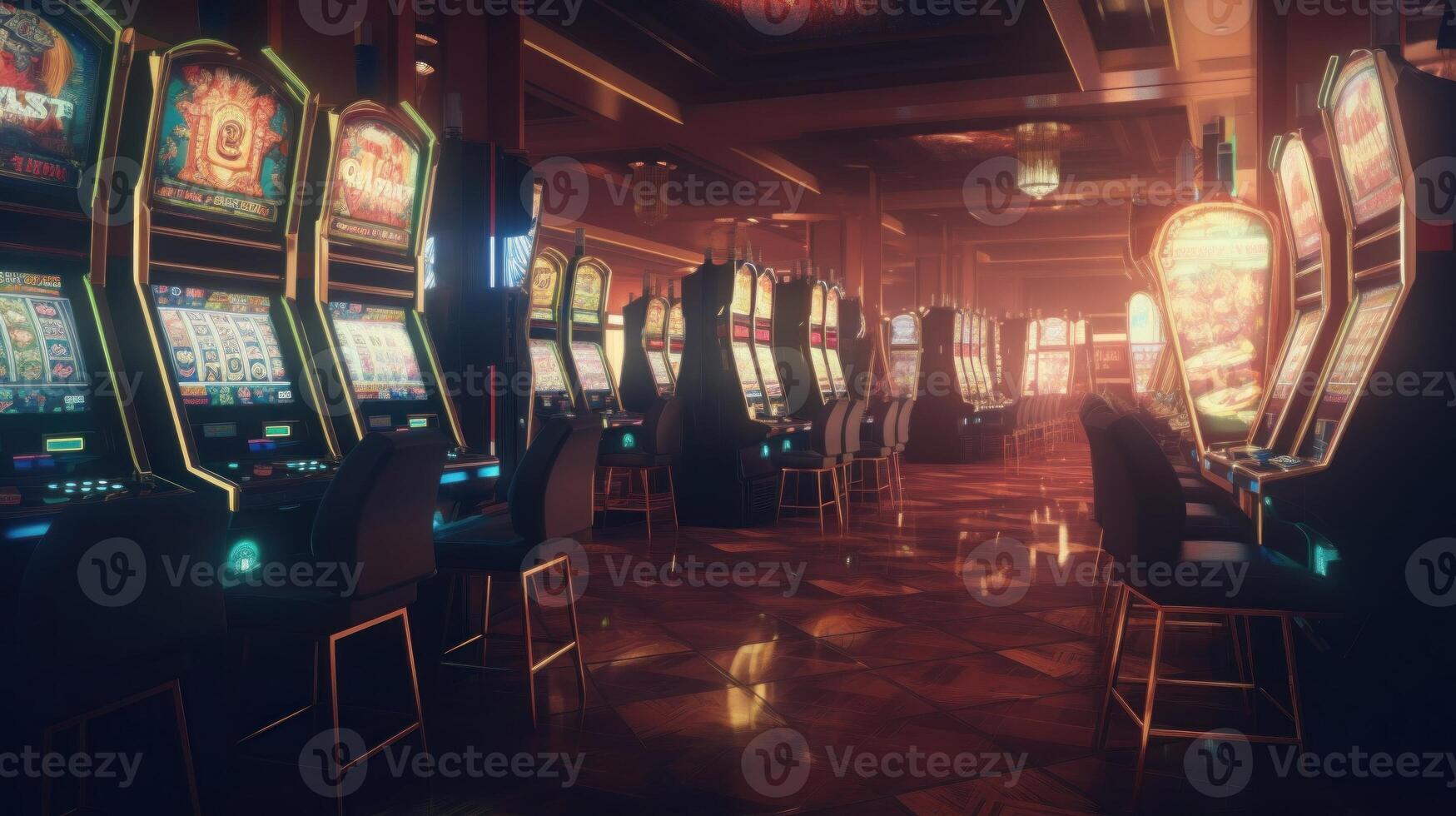 retro estilizado casino interior con casino espacio máquinas adornado con fascinante neón luces. generativo ai. foto