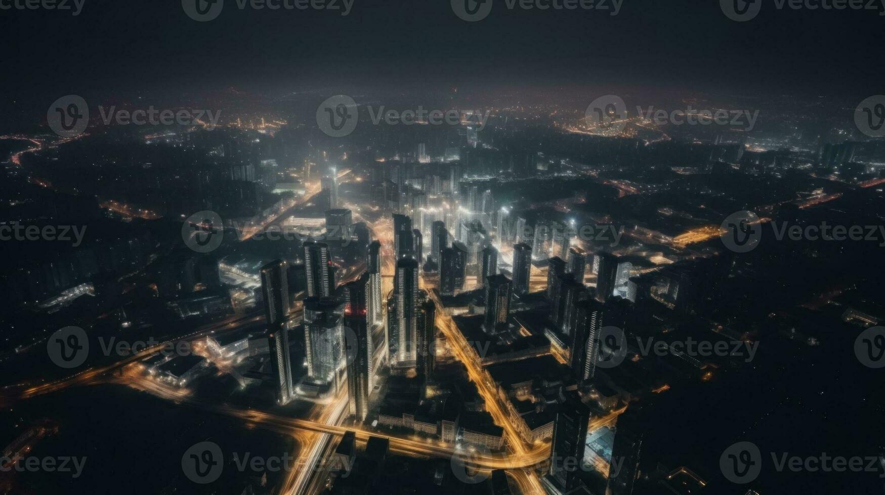 Captivating aerial view of a vibrant cityscape at night, with mesmerizing motion blur effect. Twinkling lights, bustling streets, and an electrifying nightlife atmosphere. Generative ai. photo
