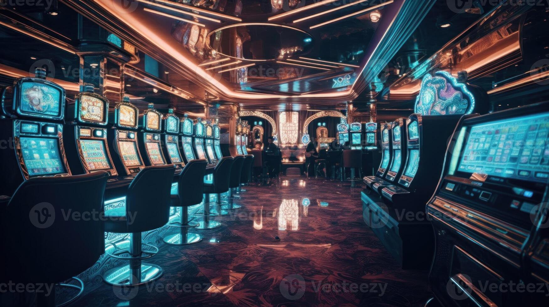 Retro styled casino interior with casino slot machines adorned with mesmerizing neon lights. Generative ai. photo