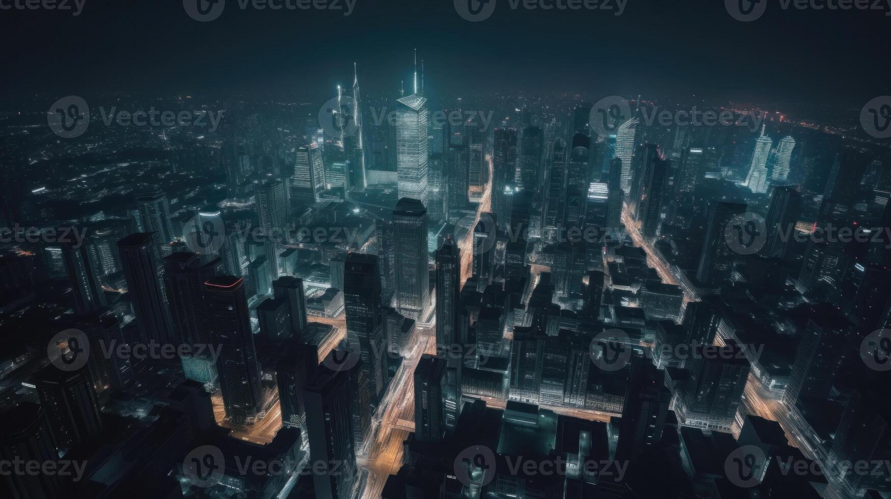 Captivating aerial view of a vibrant cityscape at night, with mesmerizing motion blur effect. Twinkling lights, bustling streets, and an electrifying nightlife atmosphere. Generative ai. photo