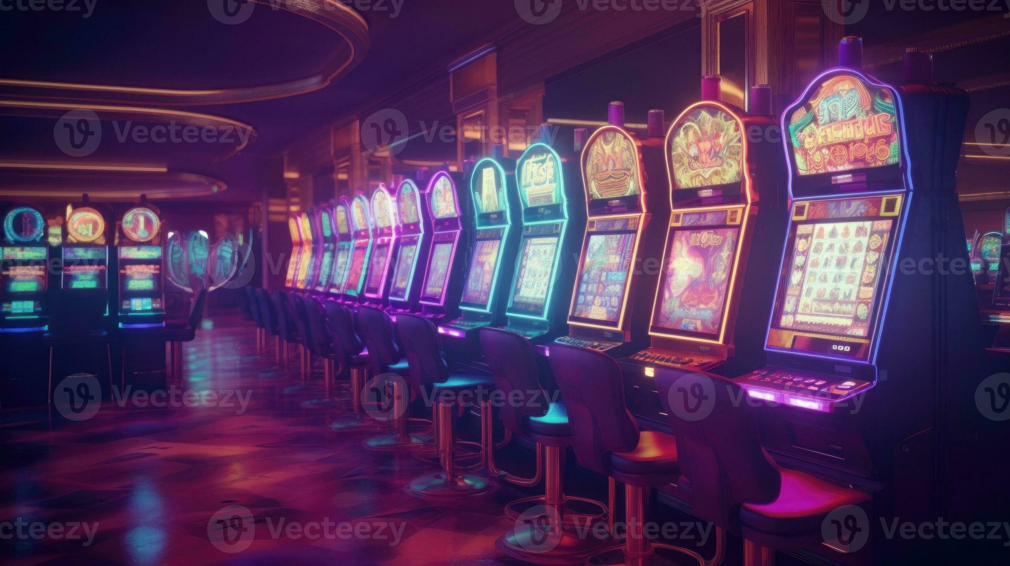 Retro styled casino interior with casino slot machines adorned with  mesmerizing neon lights. Generative ai. 25744599 Stock Photo at Vecteezy