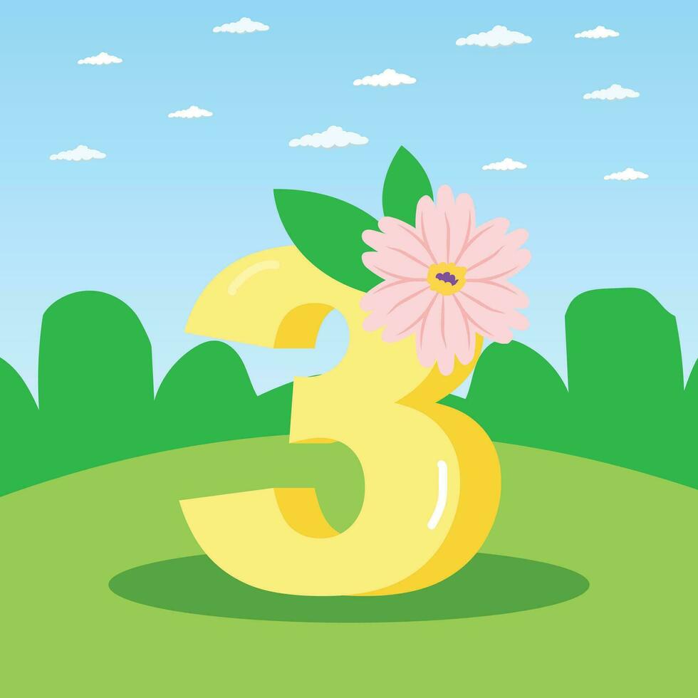 A cartoon number 3 with a floral pink flower nature background vector