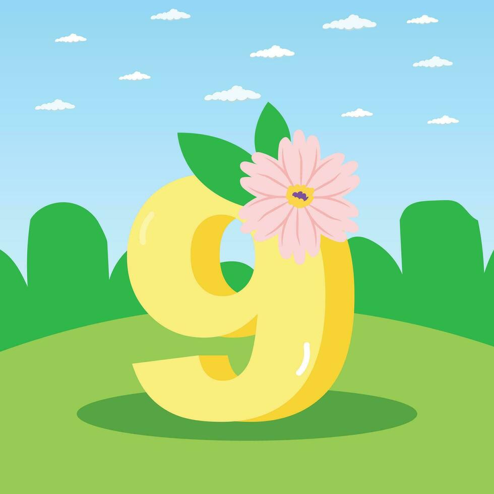 A cartoon number 9 with a floral pink flower nature background vector