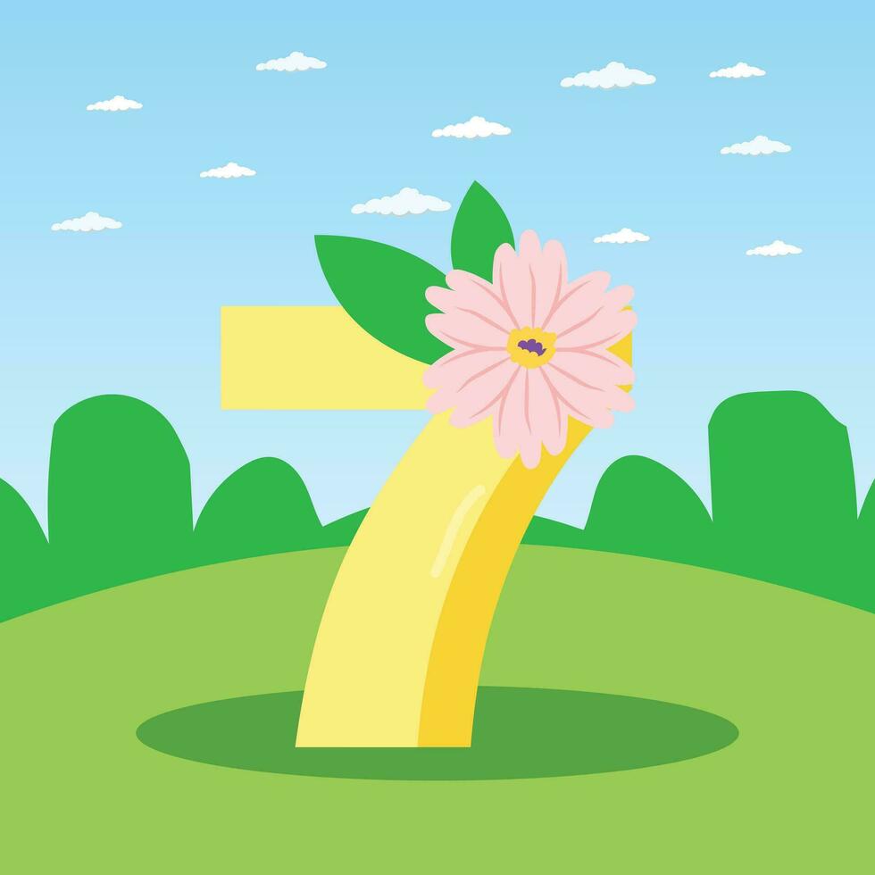 A cartoon number 7 with a floral pink flower nature background vector