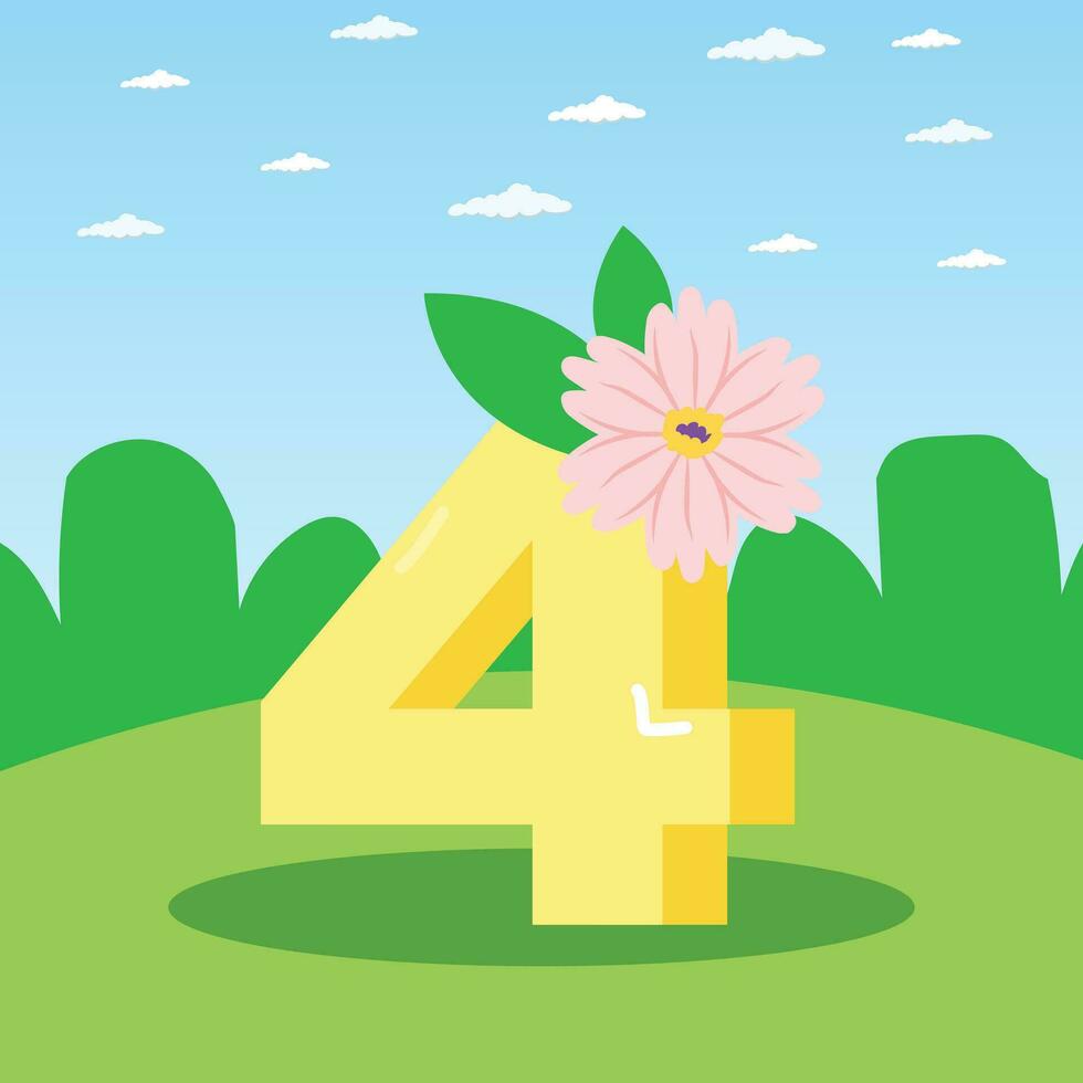 A cartoon number 4 with a floral pink flower nature background vector