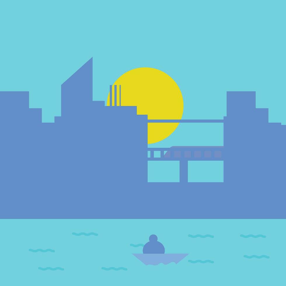 Fisherman fishing at the ocean at sunset time vector