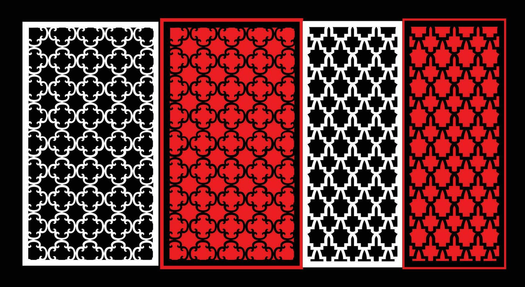 Decorative wall panels set Jali design CNC pattern, laser cutting pattern, router CNCcutting.Jali Laser cut decorative panel set with lace pattern. vector