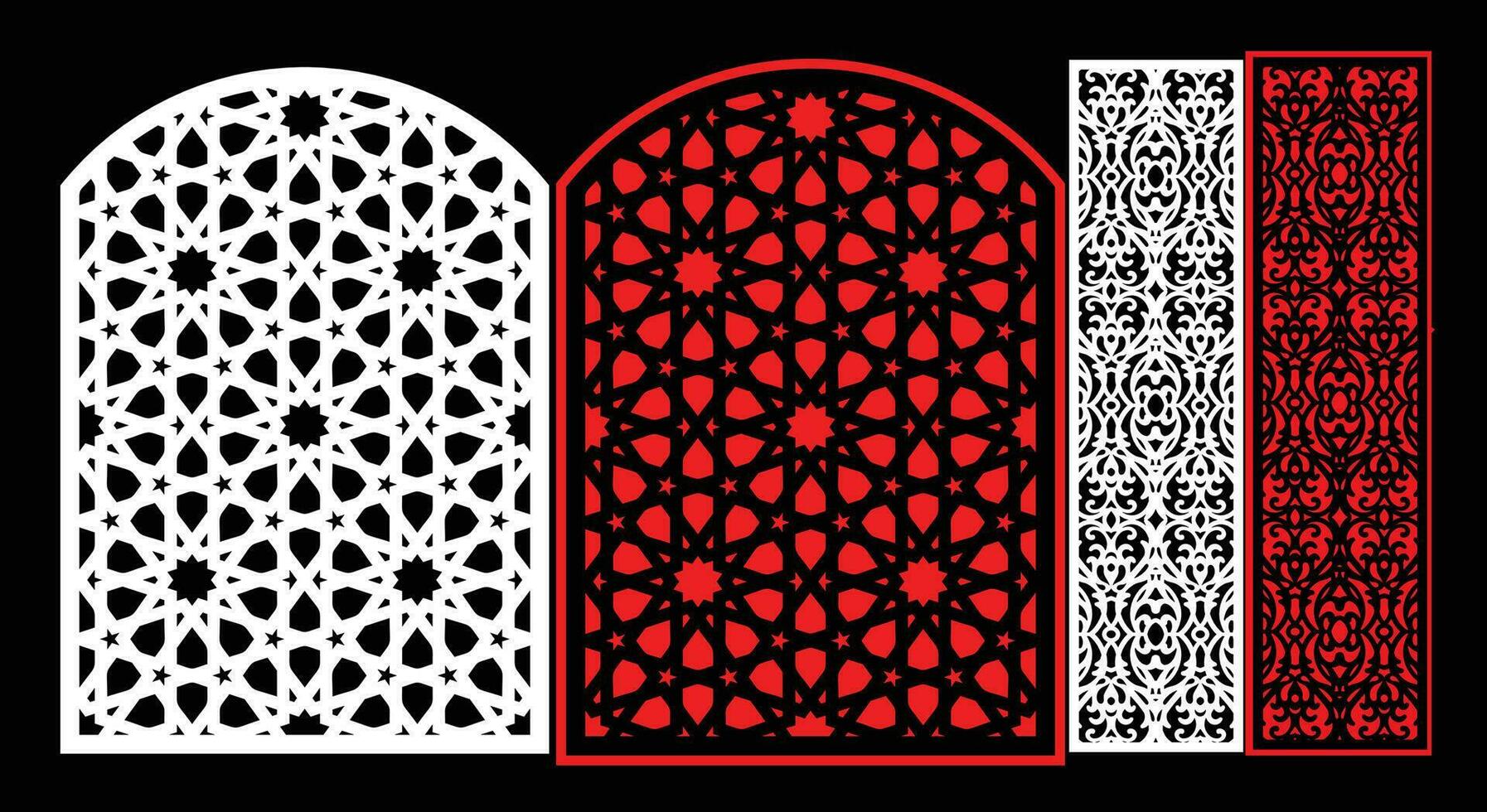 Decorative wall panels set Jali design CNC pattern, laser cutting pattern, router CNCcutting.Jali Laser cut decorative panel set with lace pattern. vector