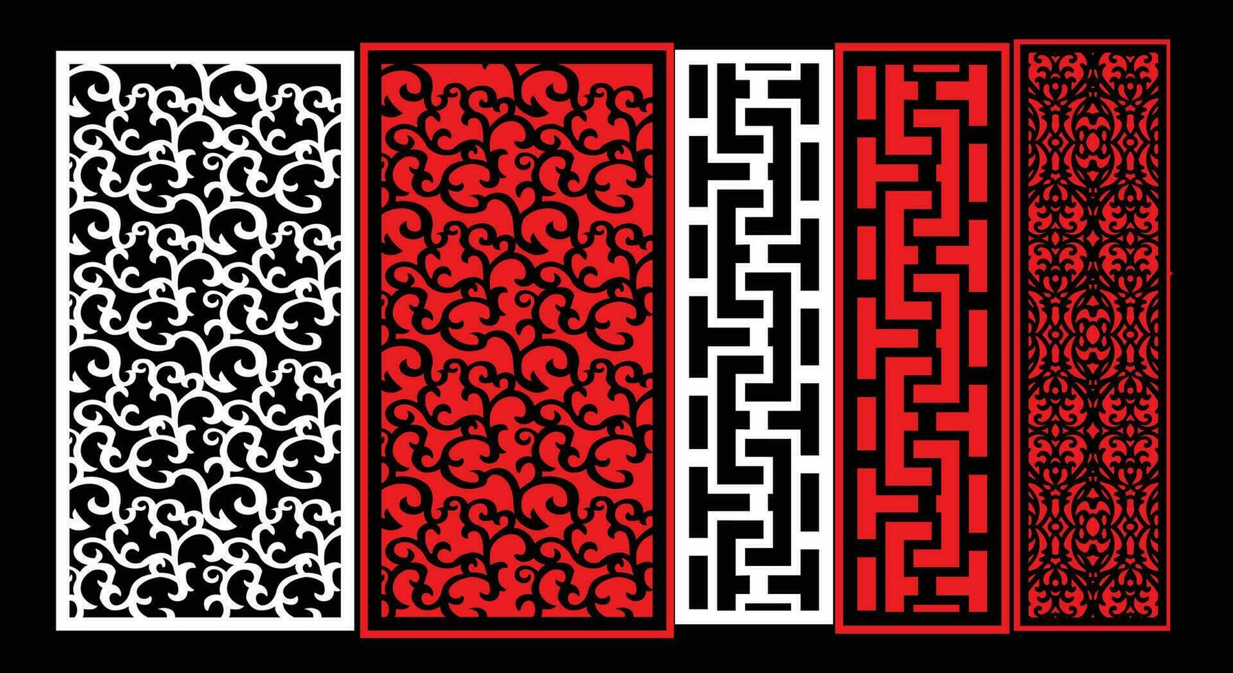 Decorative wall panels set Jali design CNC pattern, laser cutting pattern, router CNCcutting.Jali Laser cut decorative panel set with lace pattern. vector