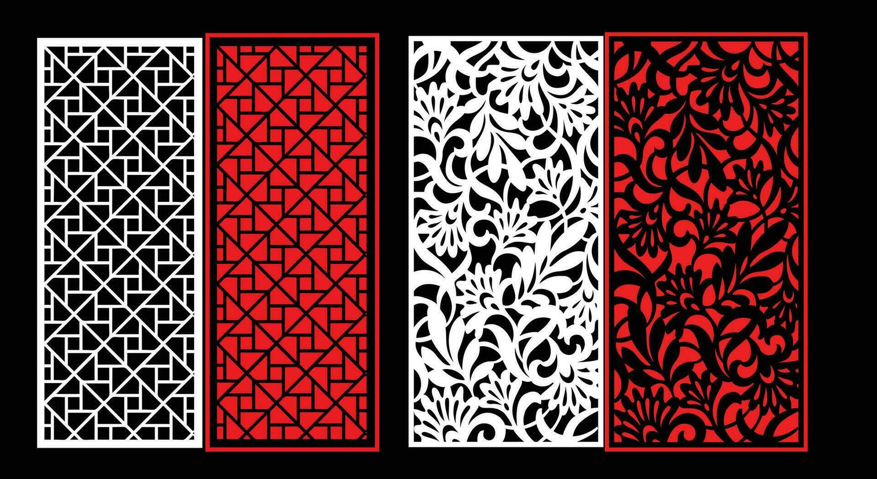 Decorative wall panels set Jali design CNC pattern, laser cutting pattern, router CNCcutting.Jali Laser cut decorative panel set with lace pattern. vector