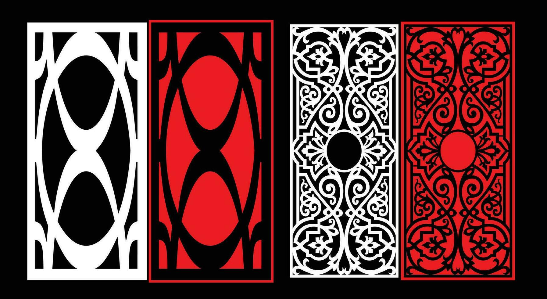 Decorative wall panels set Jali design CNC pattern, laser cutting pattern, router CNCcutting.Jali Laser cut decorative panel set with lace pattern. vector