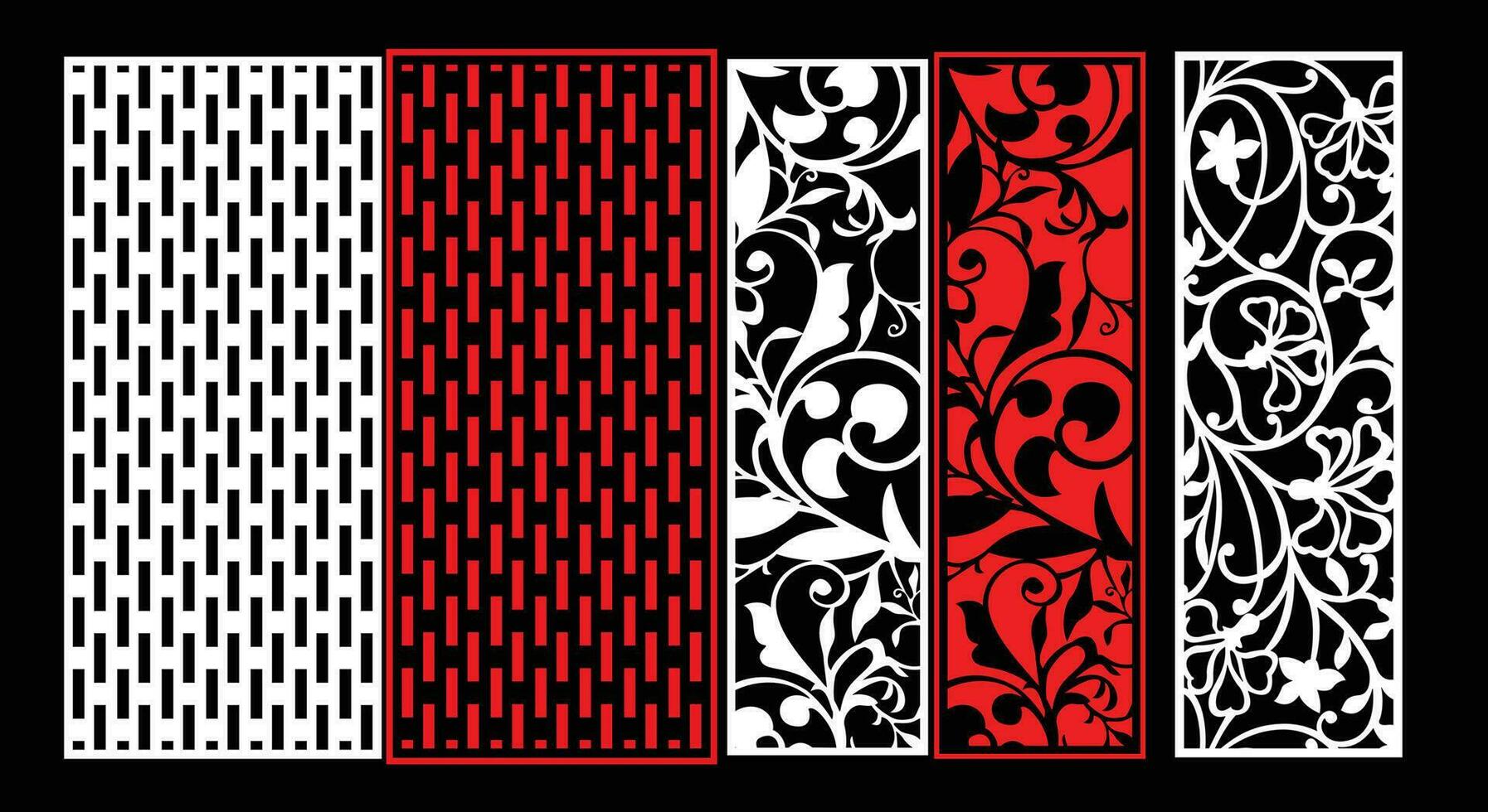 Decorative wall panels set Jali design CNC pattern, laser cutting pattern, router CNCcutting.Jali Laser cut decorative panel set with lace pattern. vector