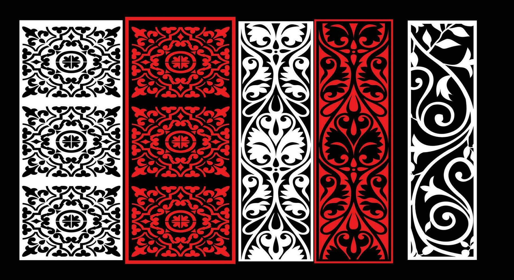 Decorative wall panels set Jali design CNC pattern, laser cutting pattern, router CNCcutting.Jali Laser cut decorative panel set with lace pattern. vector