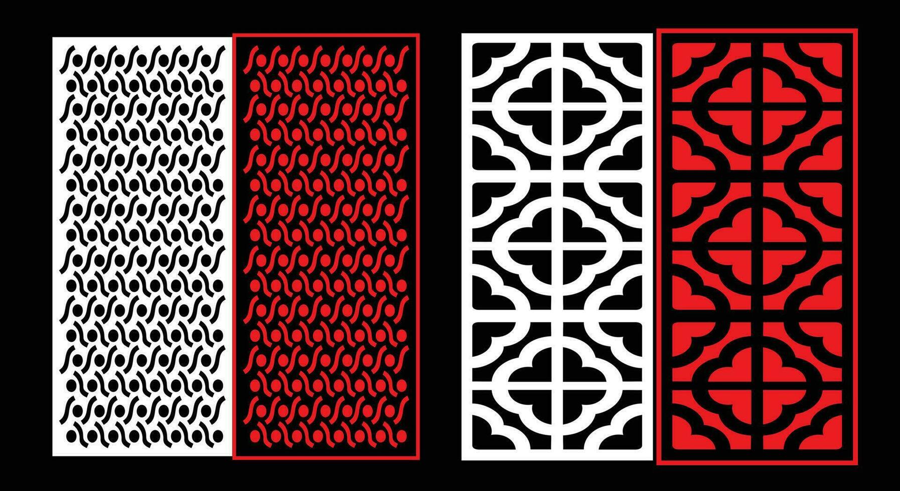 Decorative wall panels set Jali design CNC pattern, laser cutting pattern, router CNCcutting.Jali Laser cut decorative panel set with lace pattern. vector