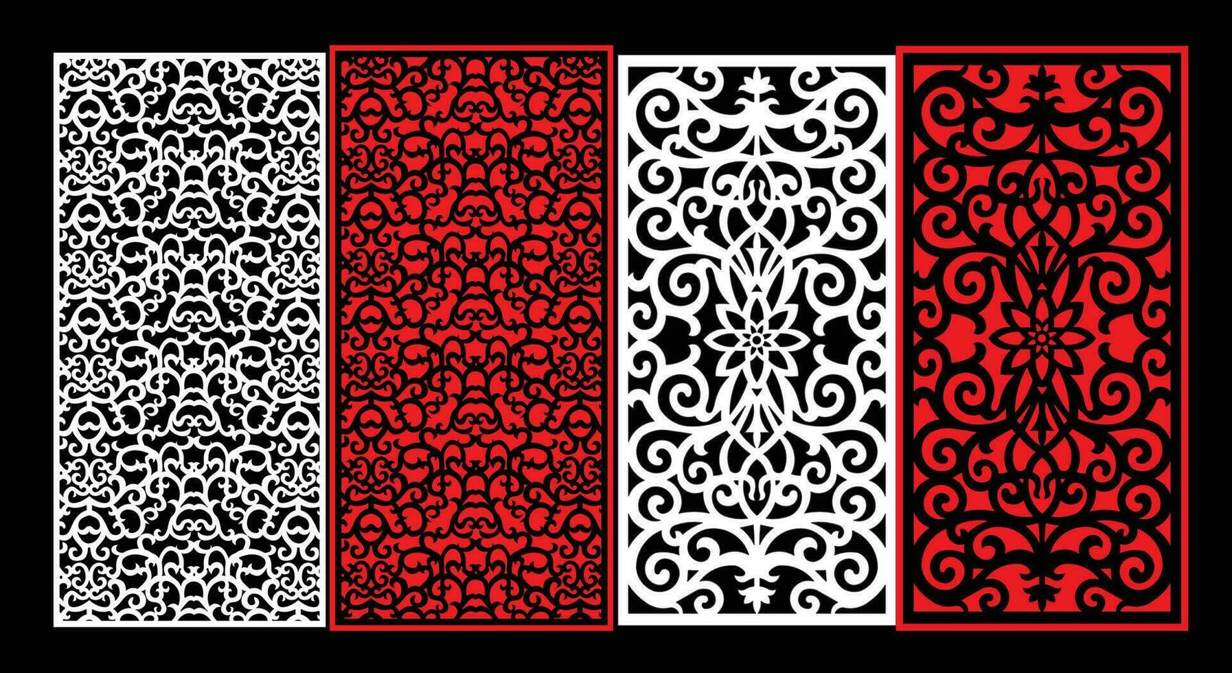 Decorative wall panels set Jali design CNC pattern, laser cutting pattern, router CNCcutting.Jali Laser cut decorative panel set with lace pattern. vector