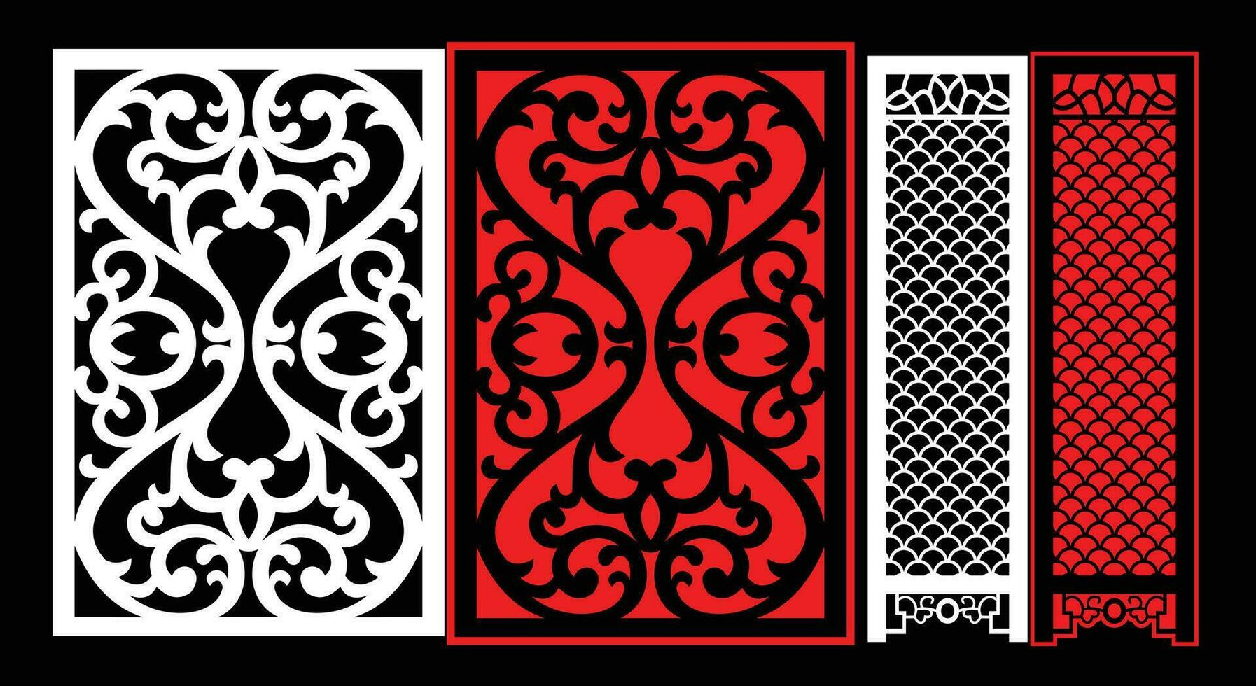 Decorative wall panels set Jali design CNC pattern, laser cutting pattern, router CNCcutting.Jali Laser cut decorative panel set with lace pattern. vector