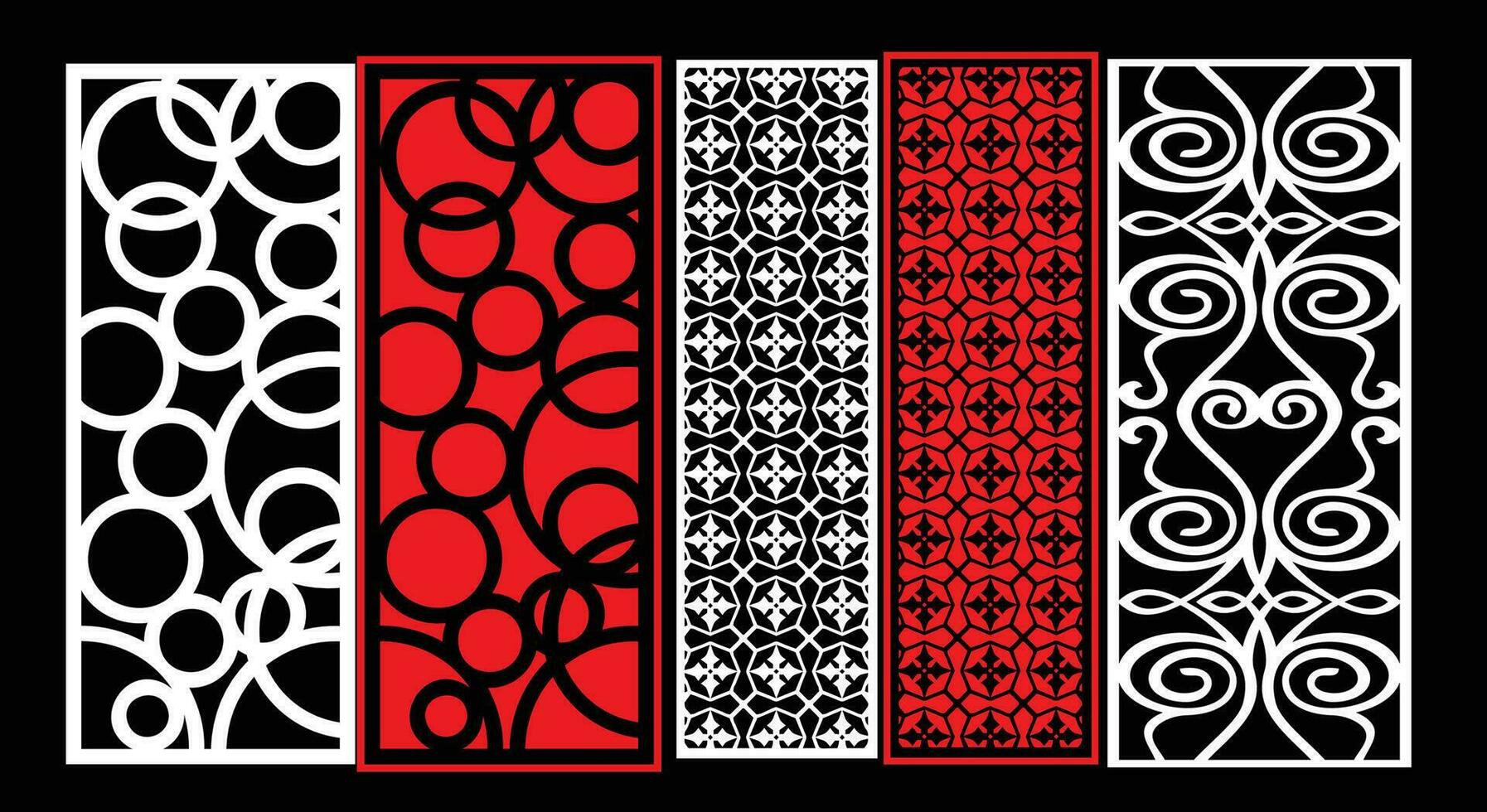 Decorative wall panels set Jali design CNC pattern, laser cutting pattern, router CNCcutting.Jali Laser cut decorative panel set with lace pattern. vector