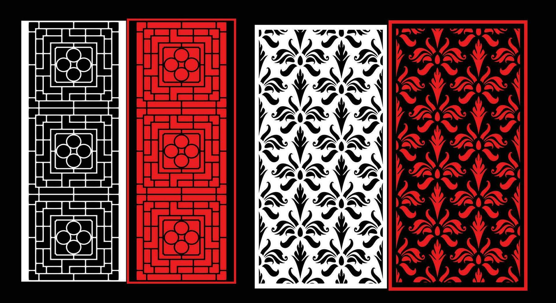 Decorative wall panels set Jali design CNC pattern, laser cutting pattern, router CNCcutting.Jali Laser cut decorative panel set with lace pattern. vector