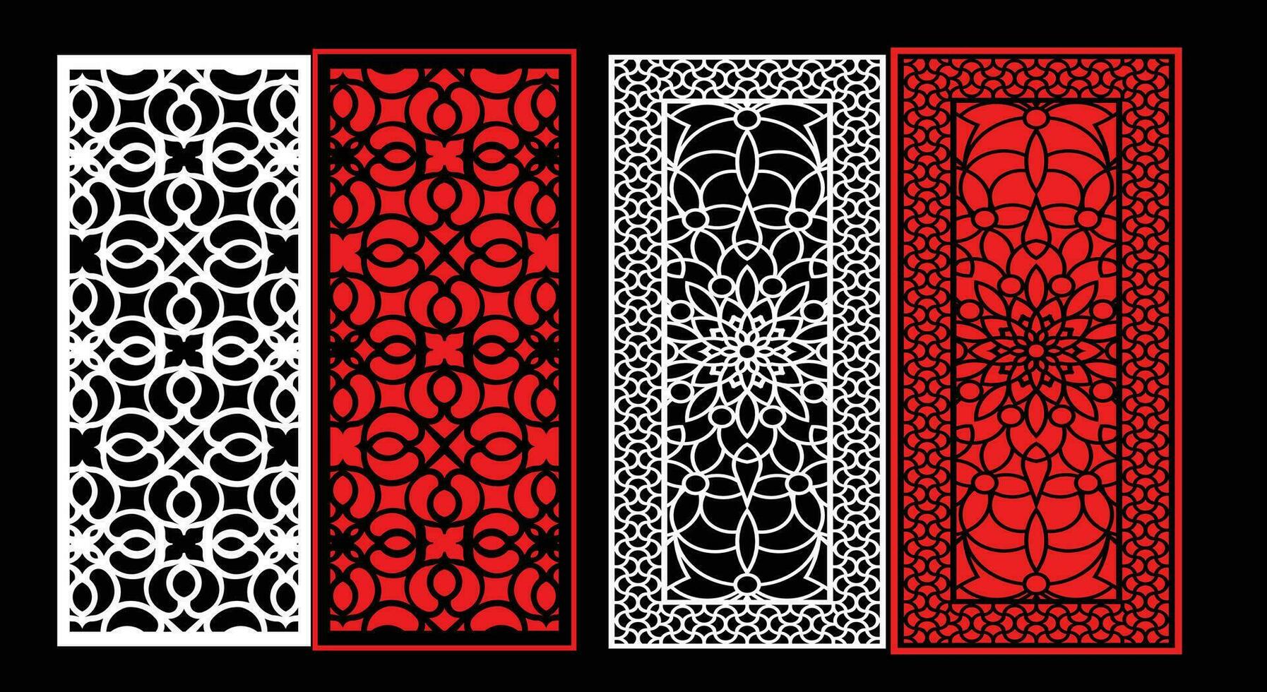 Decorative wall panels set Jali design CNC pattern, laser cutting pattern, router CNCcutting.Jali Laser cut decorative panel set with lace pattern. vector