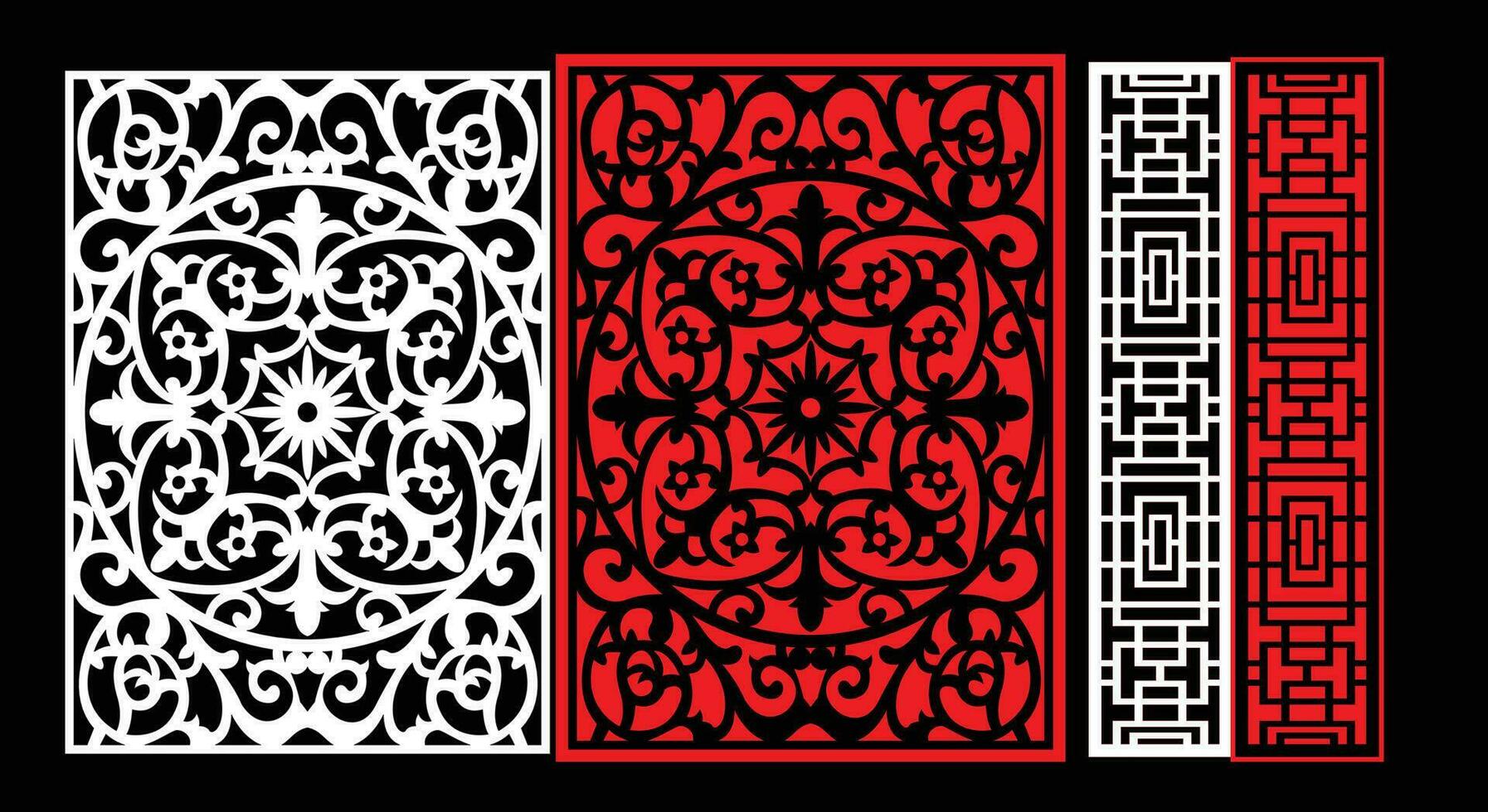 Decorative wall panels set Jali design CNC pattern, laser cutting pattern, router CNCcutting.Jali Laser cut decorative panel set with lace pattern. vector
