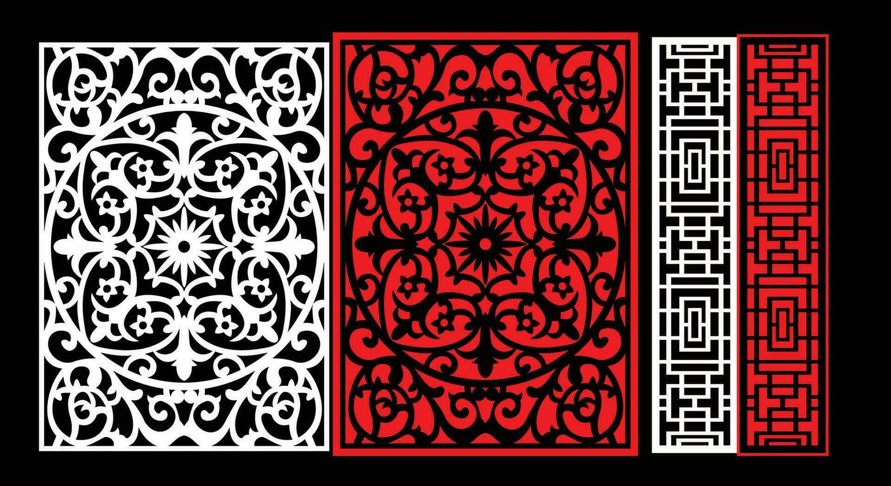 Decorative wall panels set Jali design CNC pattern, laser cutting pattern, router CNCcutting.Jali Laser cut decorative panel set with lace pattern. vector