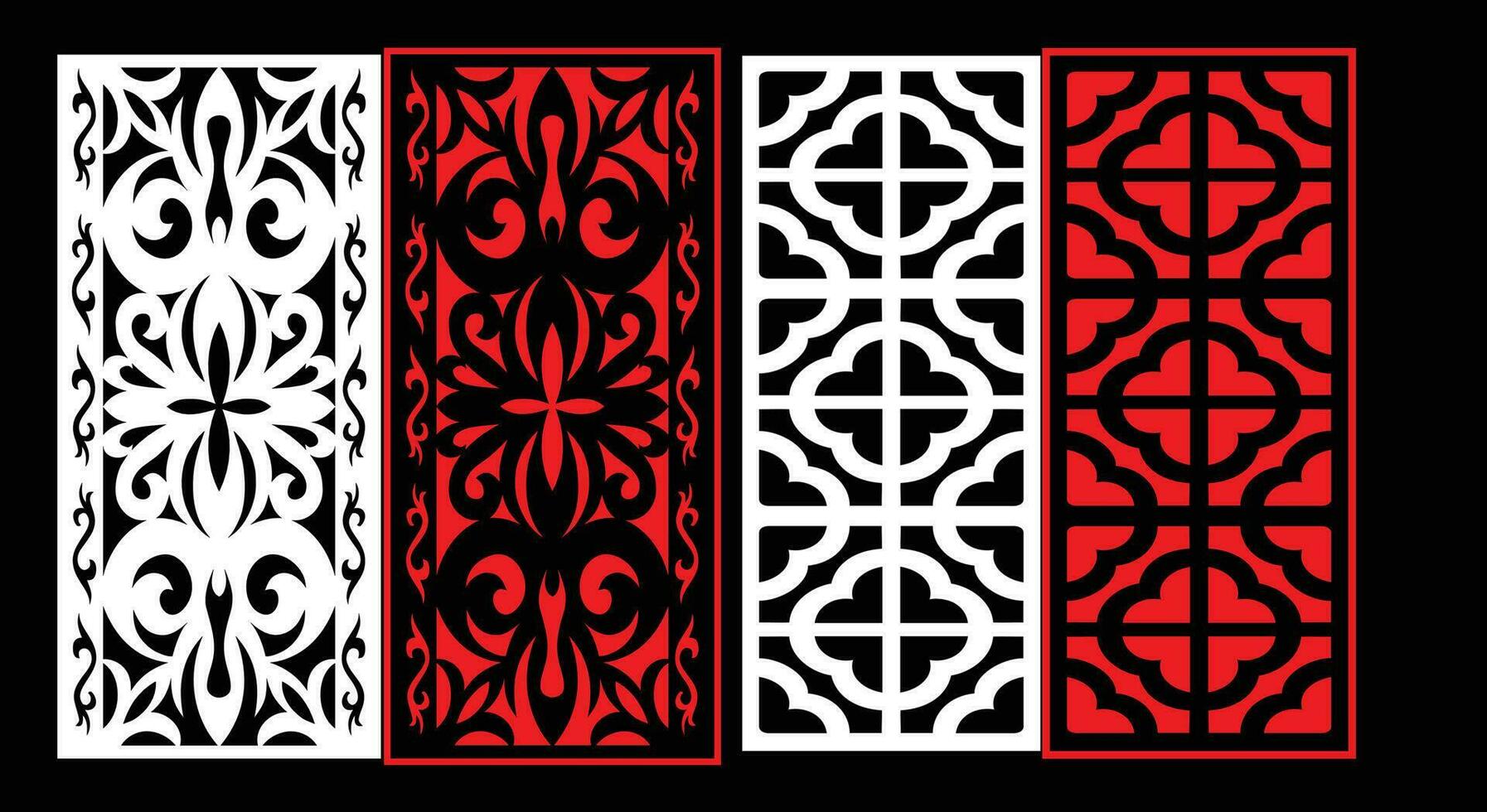 Decorative wall panels set Jali design CNC pattern, laser cutting pattern, router CNCcutting.Jali Laser cut decorative panel set with lace pattern. vector