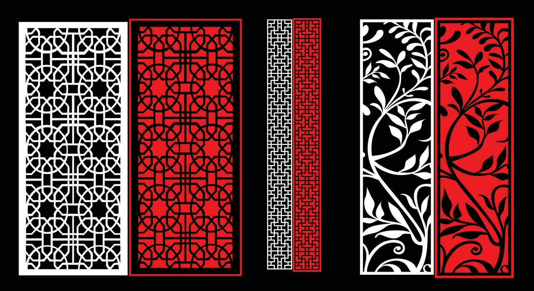 Decorative wall panels set Jali design CNC pattern, laser cutting pattern, router CNCcutting.Jali Laser cut decorative panel set with lace pattern. vector