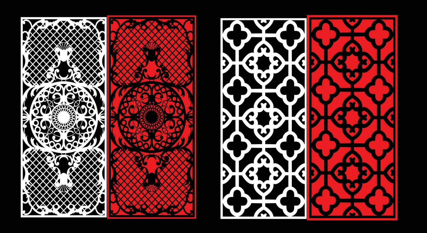 Decorative wall panels set Jali design CNC pattern, laser cutting pattern, router CNCcutting.Jali Laser cut decorative panel set with lace pattern. vector