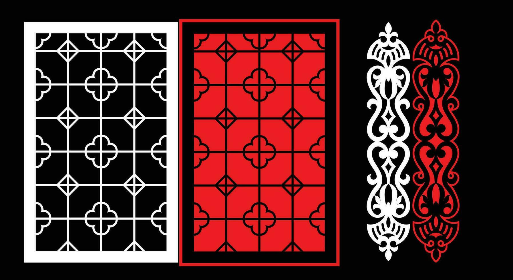 Decorative wall panels set Jali design CNC pattern, laser cutting pattern, router CNCcutting.Jali Laser cut decorative panel set with lace pattern. vector