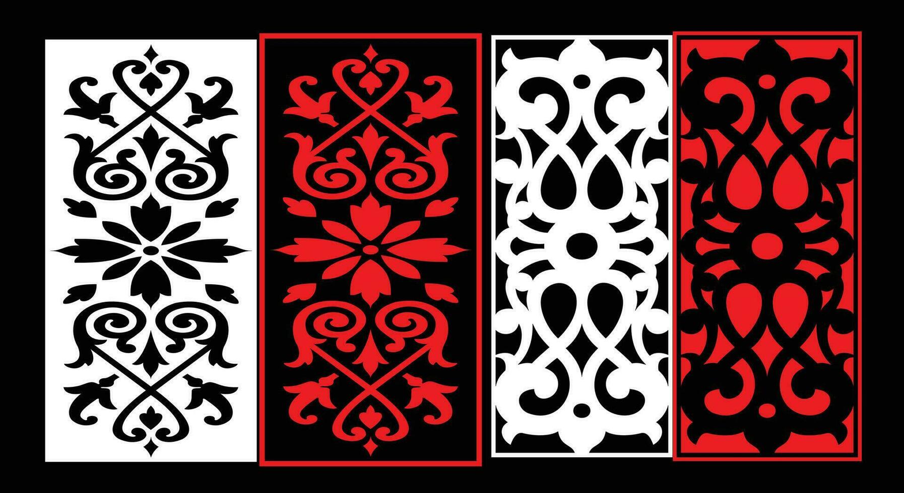 Decorative wall panels set Jali design CNC pattern, laser cutting pattern, router CNCcutting.Jali Laser cut decorative panel set with lace pattern. vector