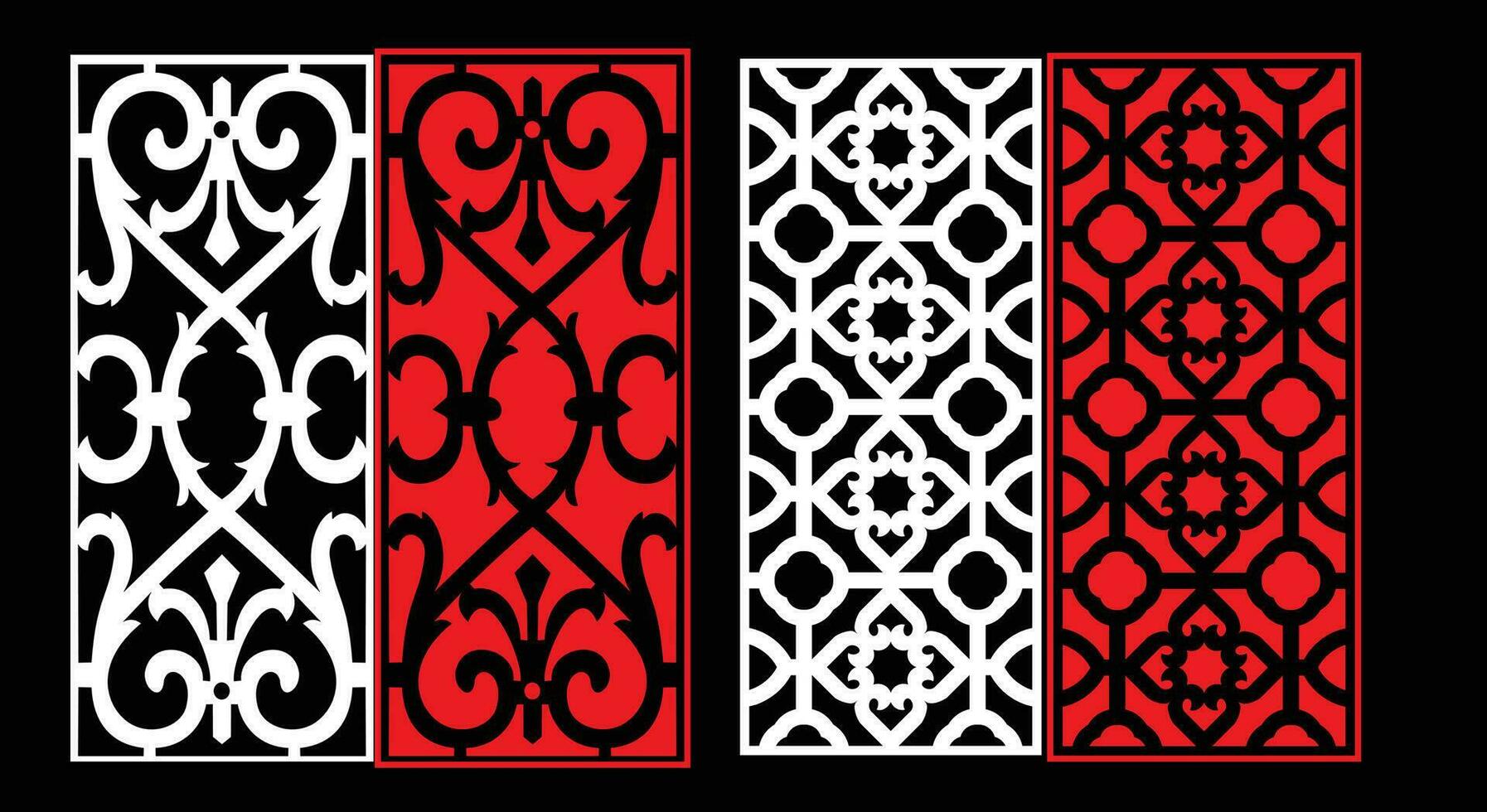 Decorative wall panels set Jali design CNC pattern, laser cutting pattern, router CNCcutting.Jali Laser cut decorative panel set with lace pattern. vector
