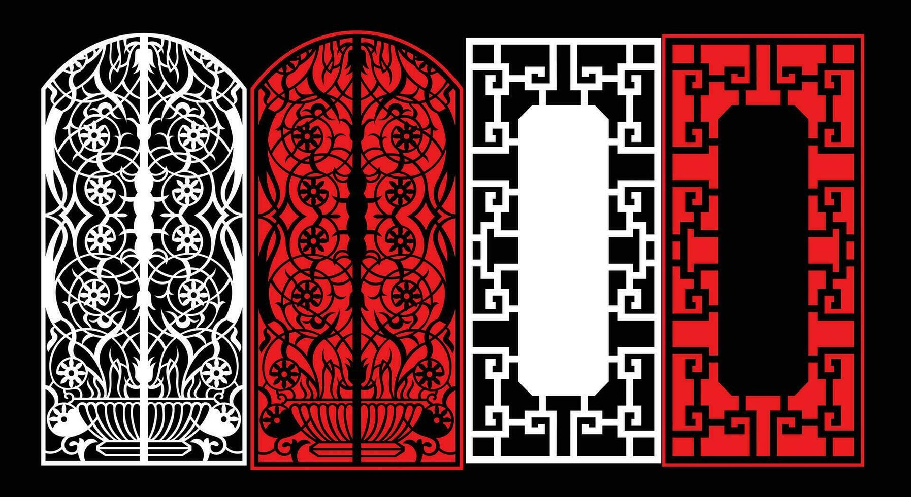 Decorative wall panels set Jali design CNC pattern, laser cutting pattern, router CNCcutting. vector