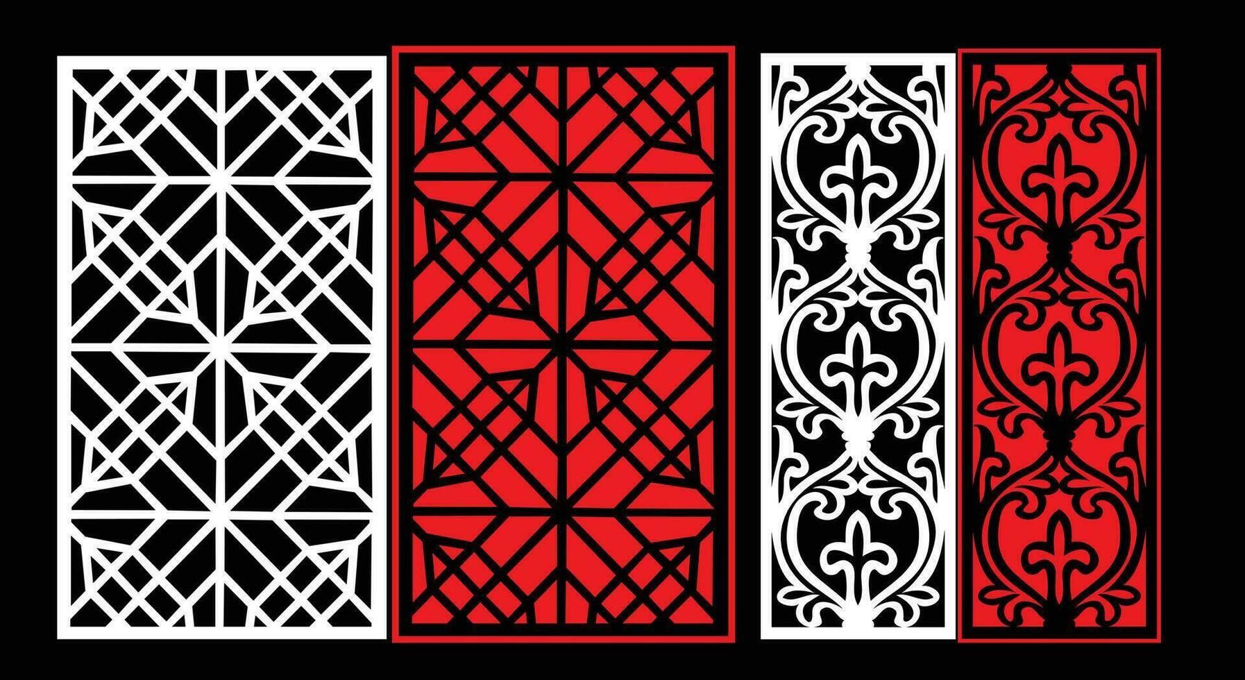 Decorative wall panels set Jali design CNC pattern, laser cutting pattern, router CNCcutting. vector