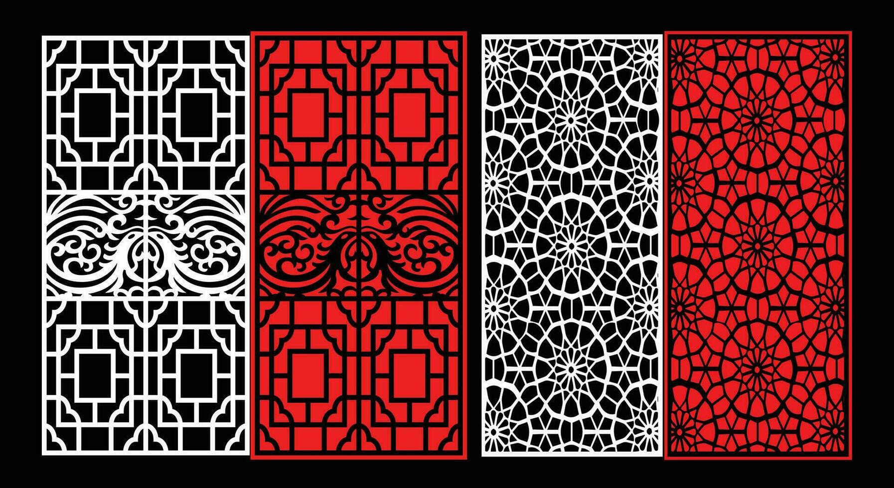 Decorative wall panels set Jali design CNC pattern, laser cutting pattern, router CNCcutting. vector