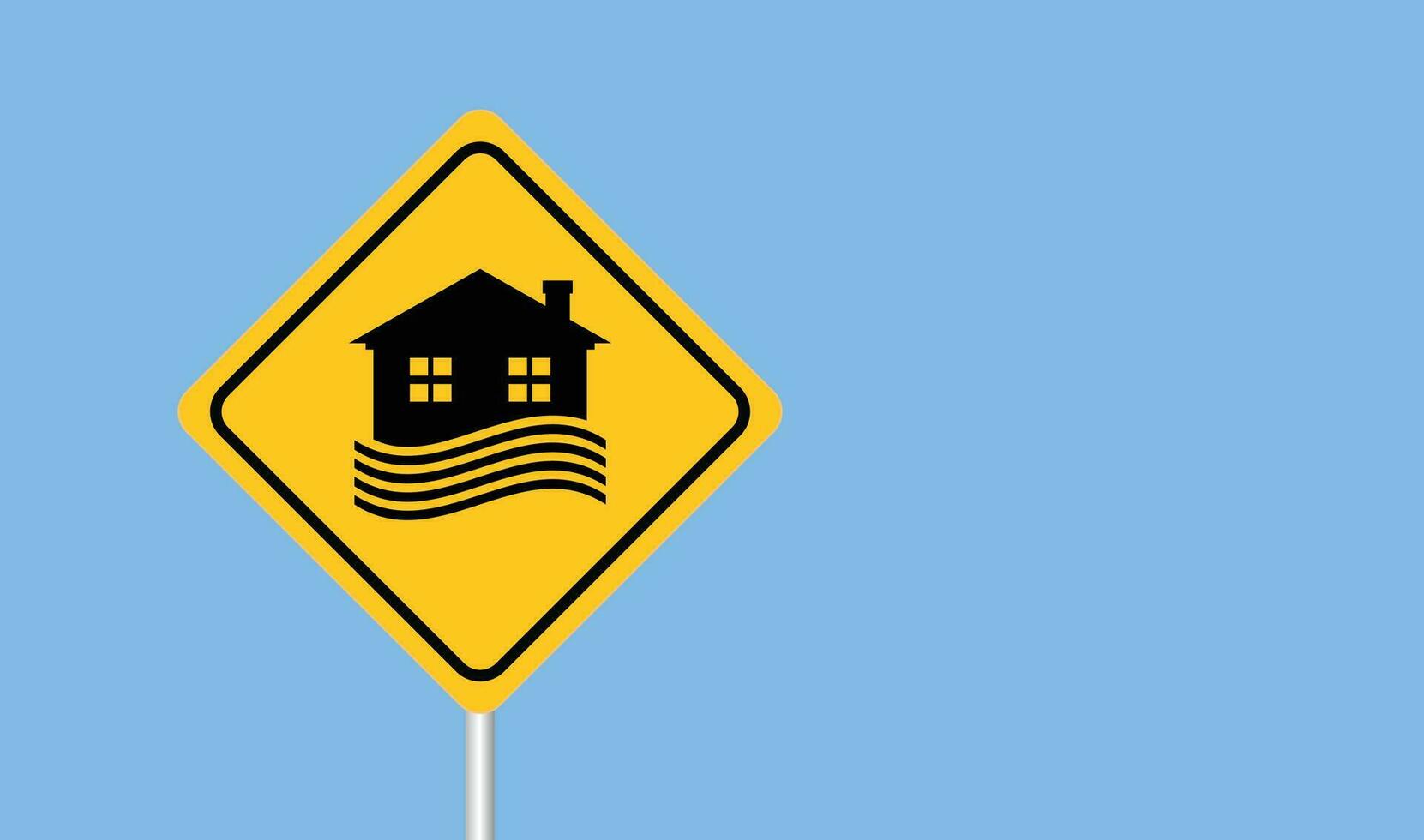 Flood area sign, natural disaster with house, heavy rain and storm , damage with home, clouds and rain, flooding water in city, Flooded house. vector