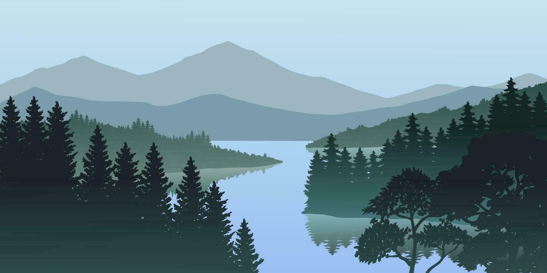 Silhouette of nature landscape. Mountains, forest in background. Blue and green illustration vector