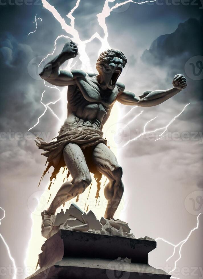 Greek broken statue chained with fire concept generative ai photo