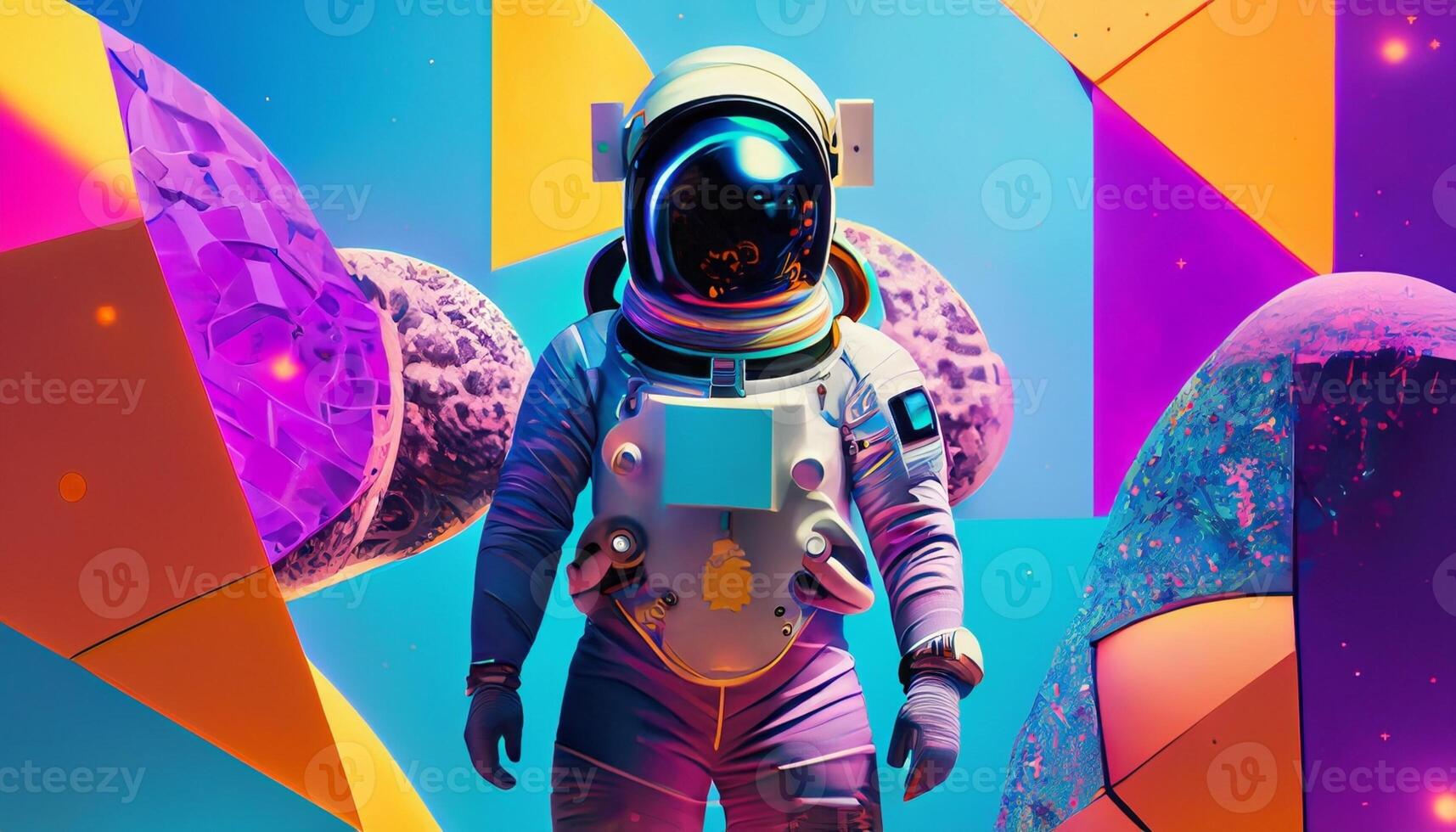 Illustration of astronaut standing among colorful geometric 3d generative ai photo