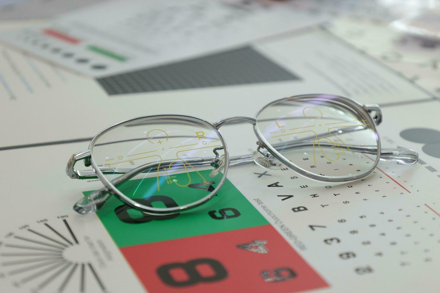 Eyeglass in optical shop, glasses progressive lens photo
