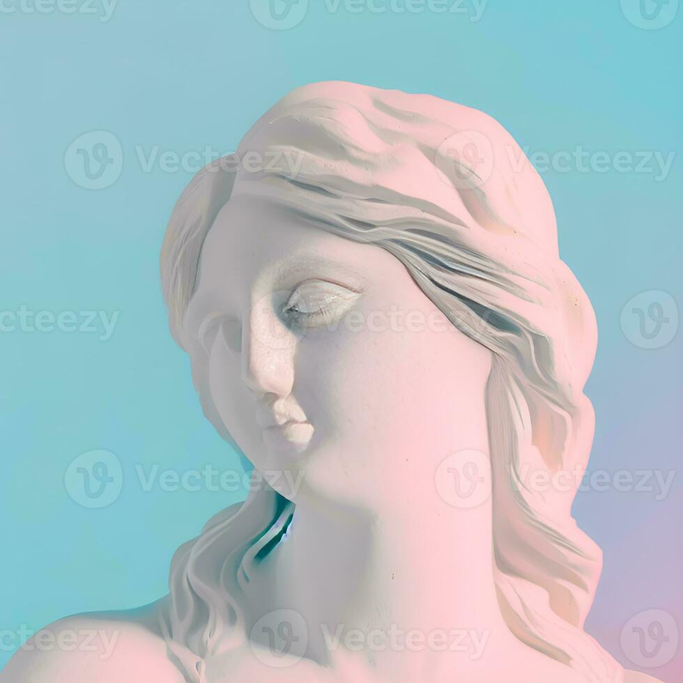 Gypsum copy of the ancient statue of Venus de Milo in pastel tone for artists on pink blue background. Plaster sculpture of a woman's face. Art modern poster in soft colors. Love, beauty, feminism. photo