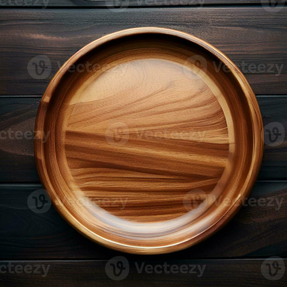 Round wooden plate on dark wooden background top view photo