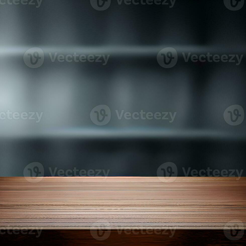 empty wooden table with smoke float up on dark background photo